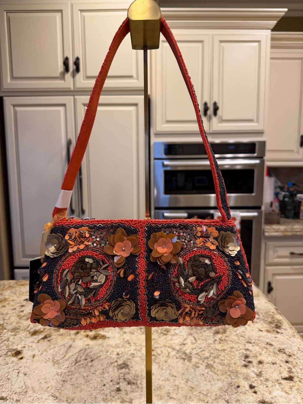 From India to You Beaded/Embellished Floral Shoulder Bag - Orange/Black
